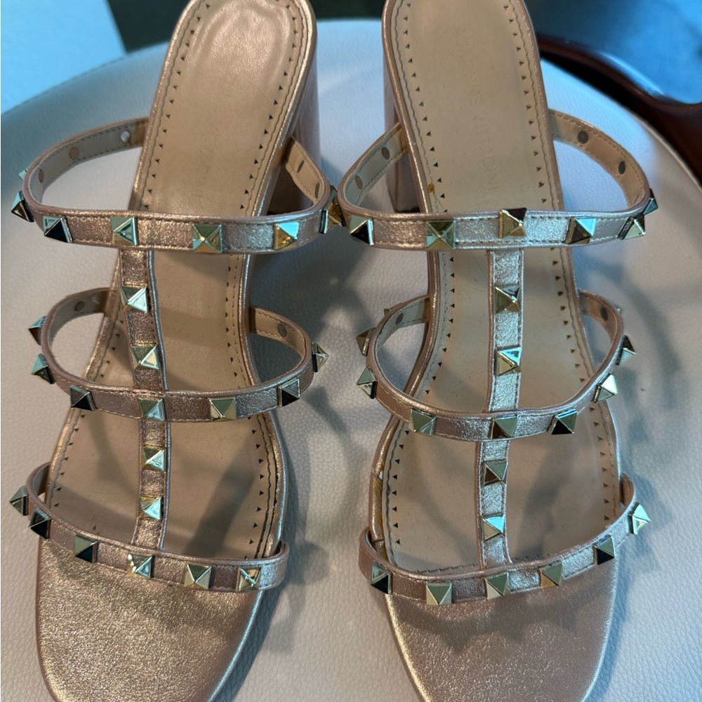 Adrienne Vittadini Metallic Rose Gold or Blush Metallic Studded Strappy Sandals